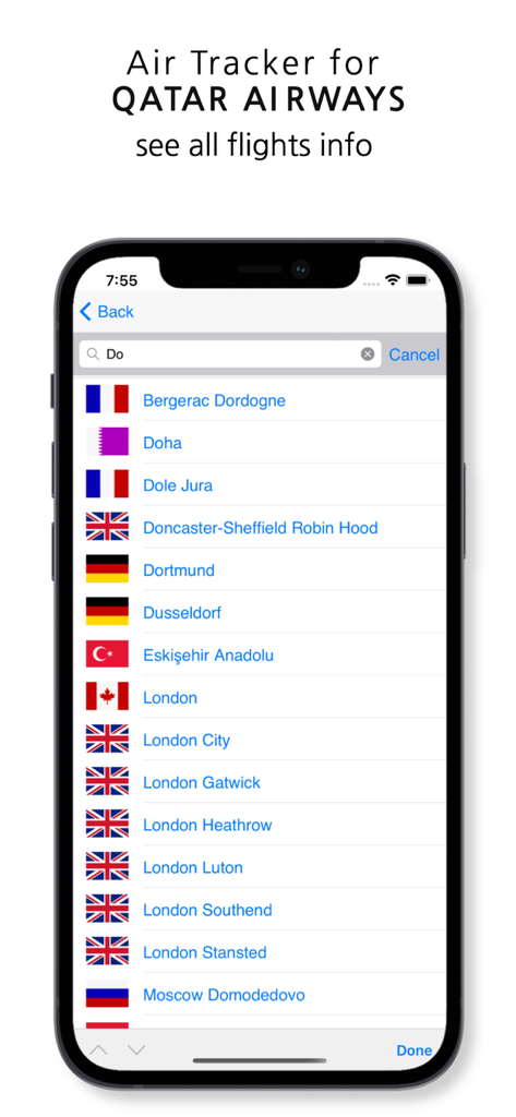 カタール航空 飛行機追跡モバイルアプリの空港目的地検索画面