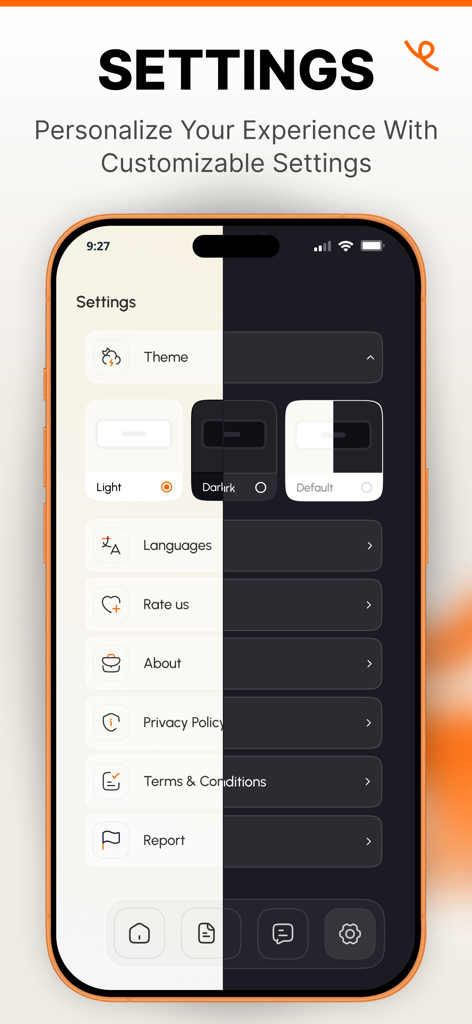 AI Writer: Essay, Story, Email - The settings interface of the AI Writer app displaying theme selection for light and dark modes