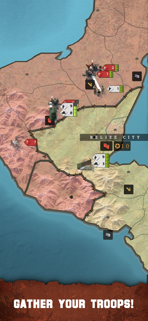 Supremacy: Call of War 1942 - A strategic map view from the game Supremacy Call of War 1942 showing troop movements and captured territories near Belize City