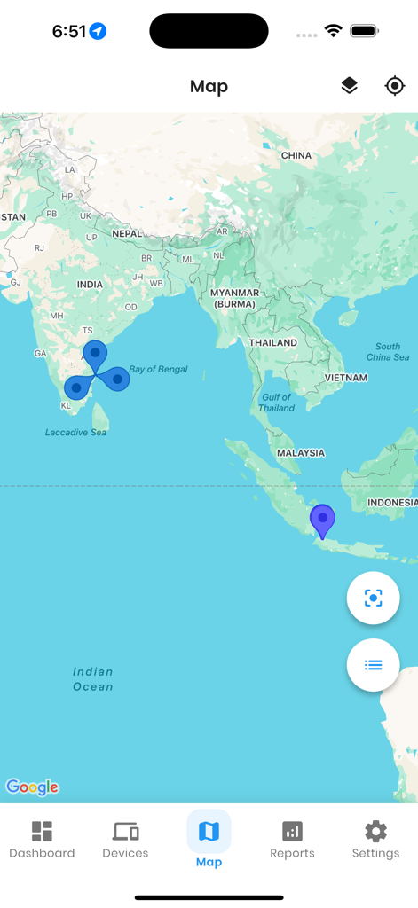 GPS Pro using Traccar - GPS Pro mobile app interface showing a live map with tracked assets in South Asia and Indonesia