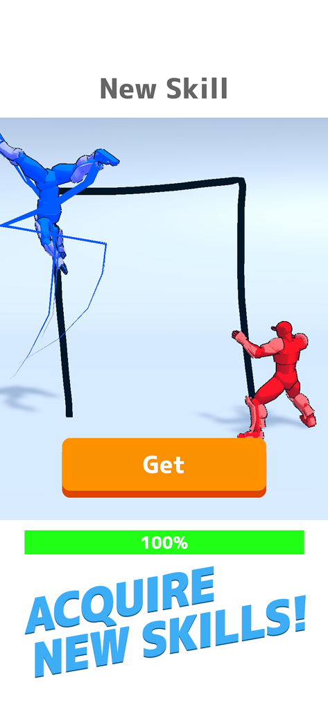 Draw Action: Freestyle Fight - A screenshot of Draw Action Freestyle Fight showing the acquire new skills screen with a 100 percent progress bar and a get button.