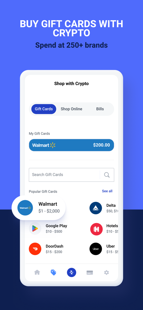 Interfaz de la aplicación BitPay que muestra cómo comprar tarjetas de regalo con criptomonedas de marcas importantes como Walmart y DoorDash