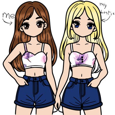 two sisters with crop tops and jean shorts and straight hair