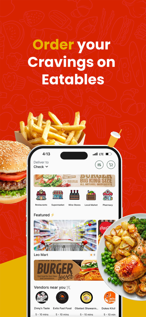 Schermata principale dell'app Eatables che mostra categorie di consegna cibo e generi alimentari con fornitori di ristoranti locali