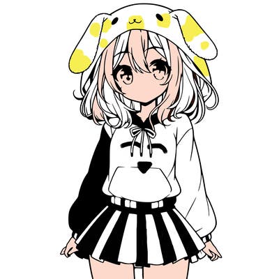 pretty anime girl wearing a fluffy hoodie with bunny ears on the hood and a skirt