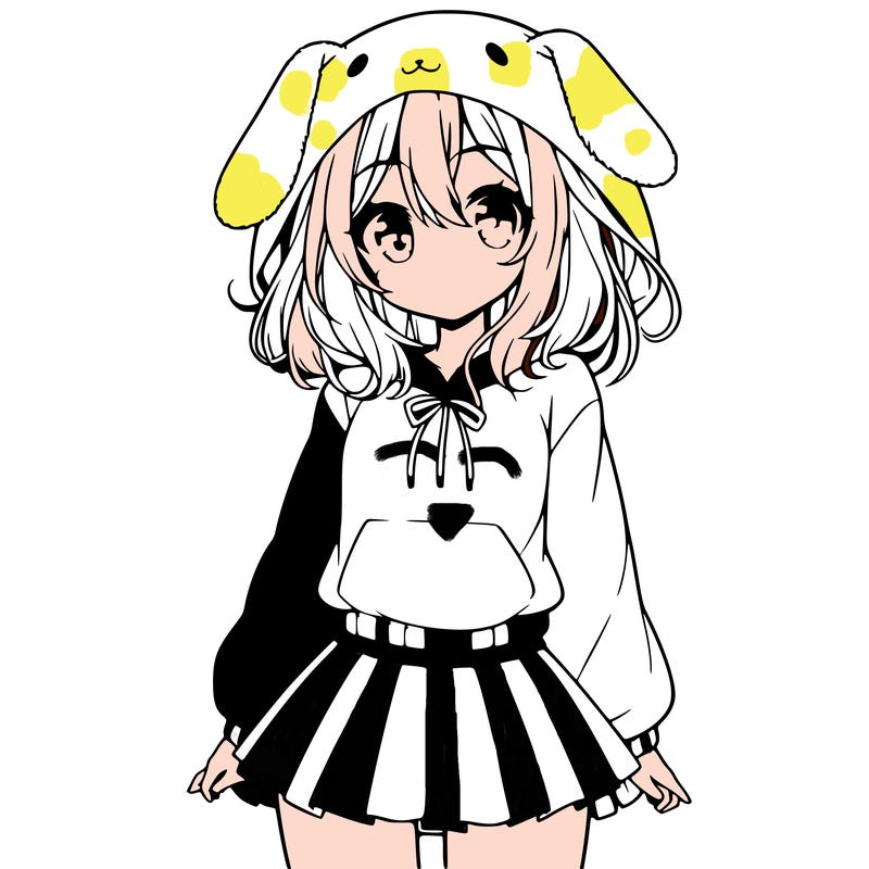 pretty anime girl wearing a fluffy hoodie with bunny ears on the hood and a skirt