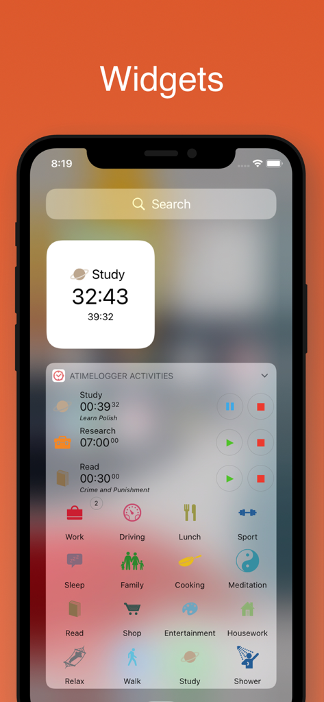 aTimeLogger Time Tracker - Aplicación aTimeLogger que muestra widgets de iOS para un rastreo rápido del tiempo de actividades diarias