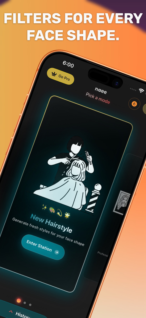 Screenshot of Naee app showing the new hairstyle generation feature with filters for every face shape.