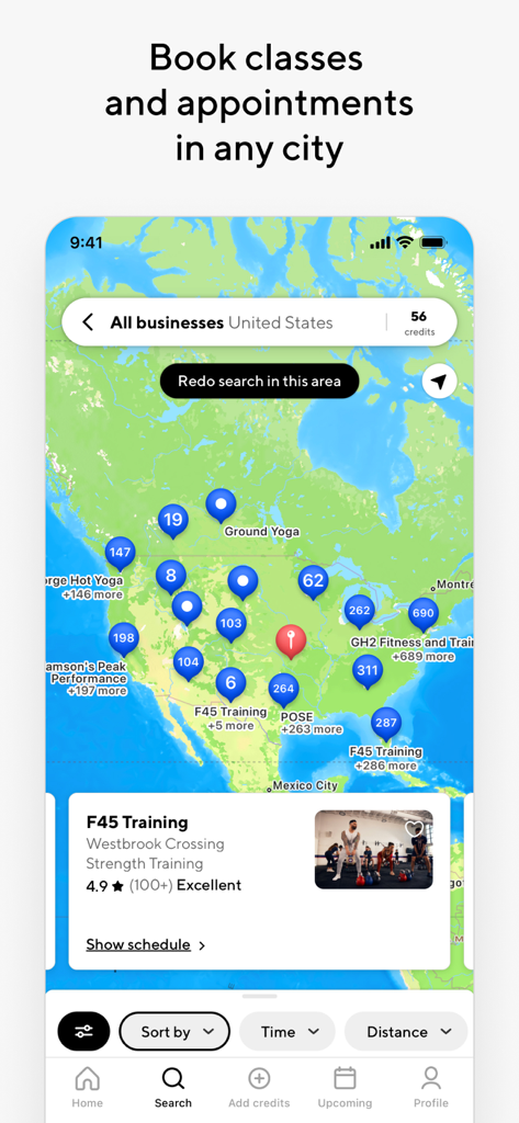 App ClassPass che mostra una mappa di luoghi di fitness e benessere in tutti gli Stati Uniti