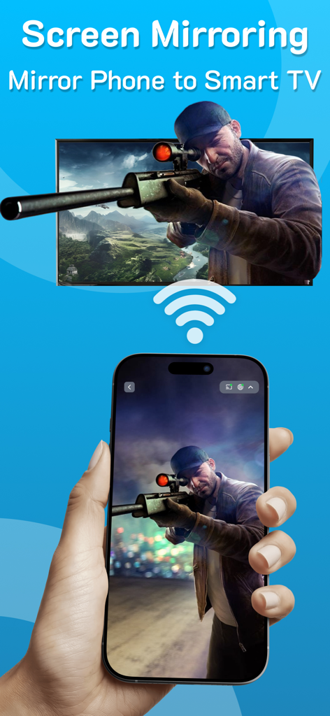 Projector: TV Screen Mirroring - Mão segurando um iPhone espelhando um jogo de sniper para uma tela grande de TV inteligente via Wi-Fi