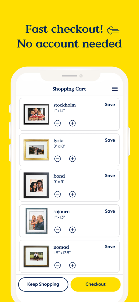 A mobile app shopping cart screen for Keepsake Frames showing several custom framed photos and a fast checkout option without an account