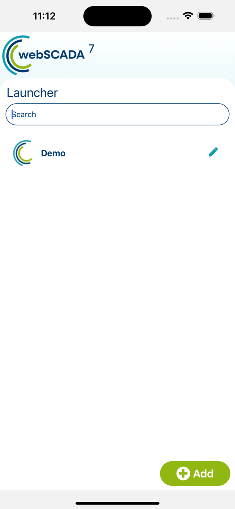 webSCADA7 - Launcher screen of the webSCADA7 mobile app featuring a search bar and a demo project entry.