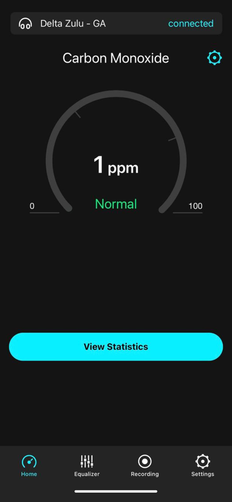Lightspeed App home screen displaying real time carbon monoxide levels and Delta Zulu headset connection for pilots
