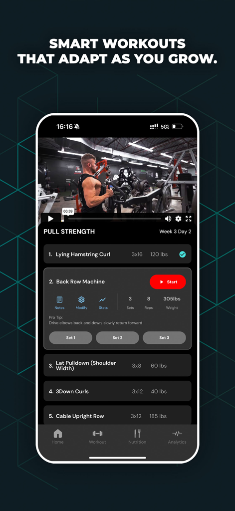 BEASTLY: Build Muscle Fast - Interface of the Beastly app showing a Pull Strength workout routine with a video demonstration and sets tracking.
