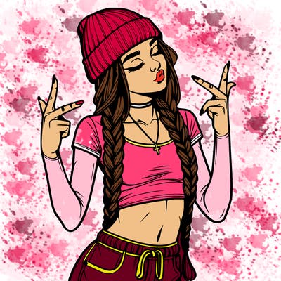 realistic teenage girl with braids and a beanie and crop top doing 🫶🏼