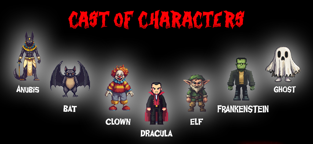 Music Monsters - Una alineación de siete personajes espeluznantes estilo pixel art llamados Anubis, Murciélago, Payaso, Drácula, Elfo, Frankenstein y Fantasma del juego Music Monsters.