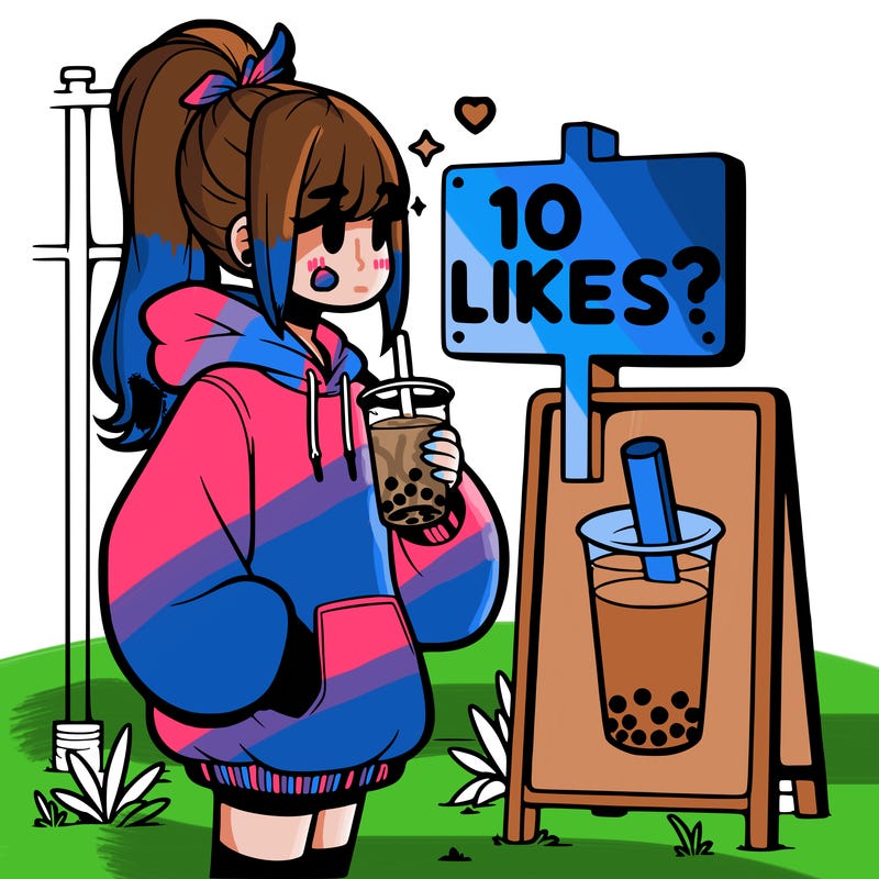 girl with oversized hoodie drinking boba and she has a high ponytail with a sign that says 10likes?