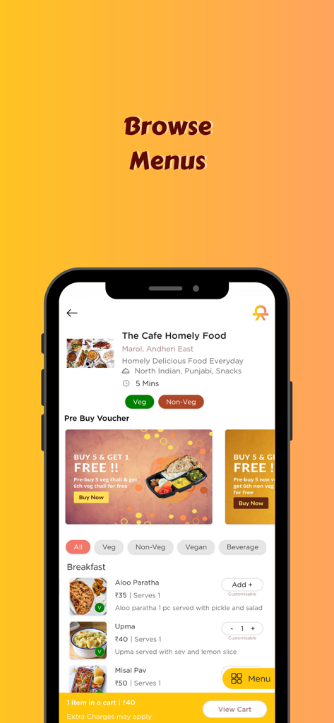 CloudKitch Food@Work - Smartphone screen displaying the CloudKitch app menu with breakfast options and promotional food vouchers