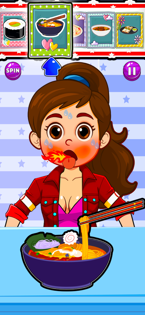 Mukbang Eating ASMR Games - A cartoon woman with fire coming from her mouth while eating a large bowl of spicy ramen in a mukbang ASMR game