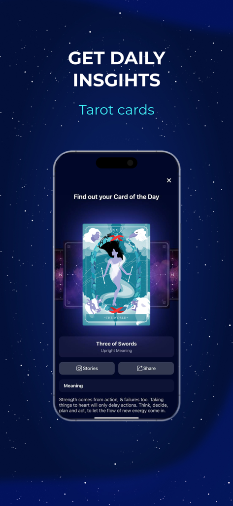 A mobile app screen showing a daily tarot card reading with a starry background.