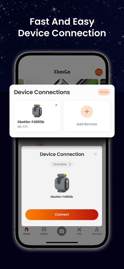 Interfaccia dell'app XbotGo per una connessione rapida e semplice al dispositivo gimbal