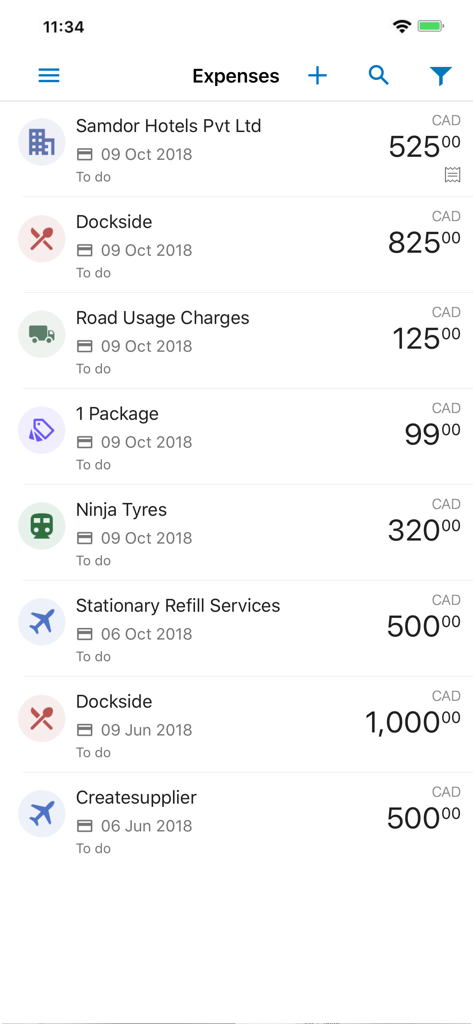 Mobile app interface showing a list of corporate expenses with vendor names dates and amounts