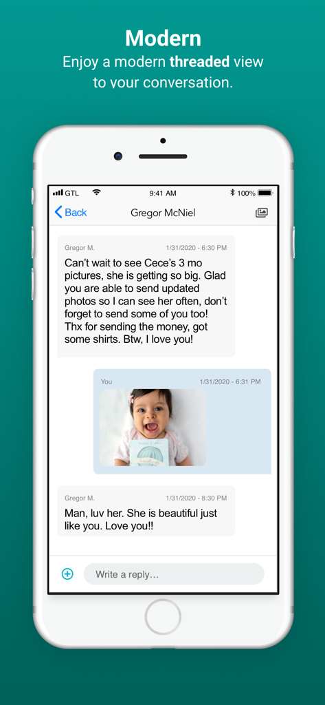GettingOut - Threaded messaging interface in the GettingOut app showing text messages and a shared baby photo