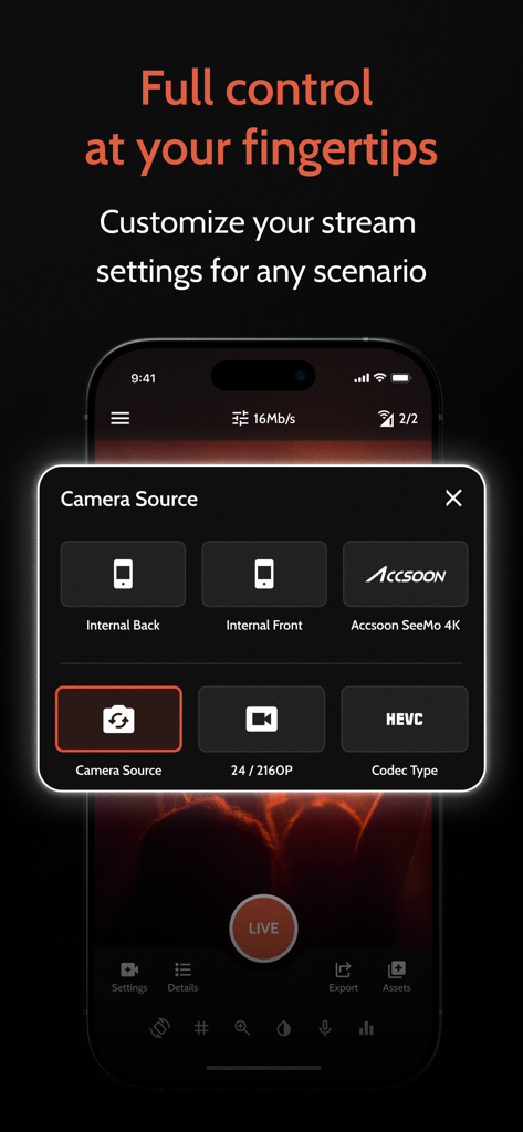 Omnistream app interface showing camera source selection with options for internal cameras and Accsoon SeeMo 4K
