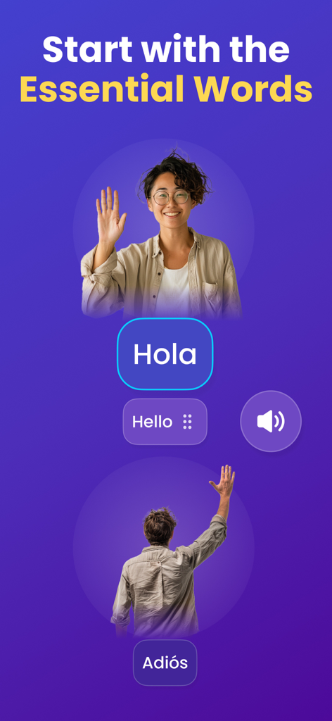 Mondly app screen teaching basic Spanish greetings with visual aids and audio