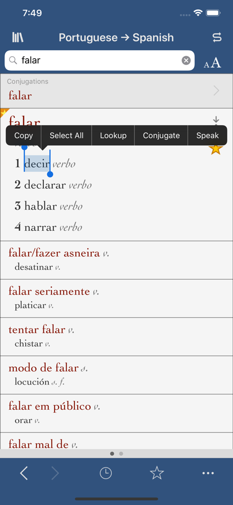 Ultralingua Spanish-Portuguese - Entrada do dicionário para o verbo português falar com traduções em espanhol e um menu de contexto para conjugação