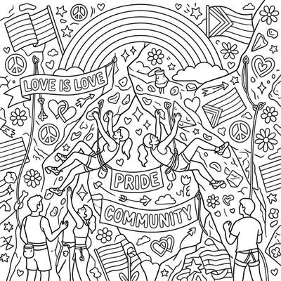 Embrace the spirit of Pride Month with this vibrant coloring page featuring bouldering climbers surrounded by symbols of love and community. It's a perfect blend of adventure and affirmation, ready for your creative touch.