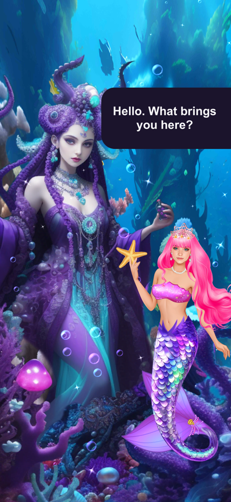 Mermaid Dress Up Game - A pink haired mermaid princess and a purple octopus mermaid queen talking in an underwater kingdom