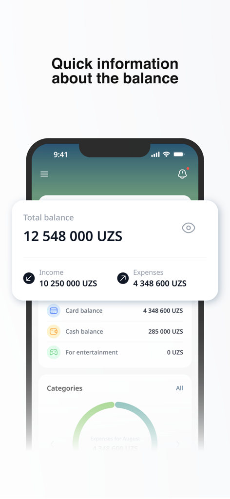 Karmon AI app dashboard showing total balance income and expenses in Uzbek Som