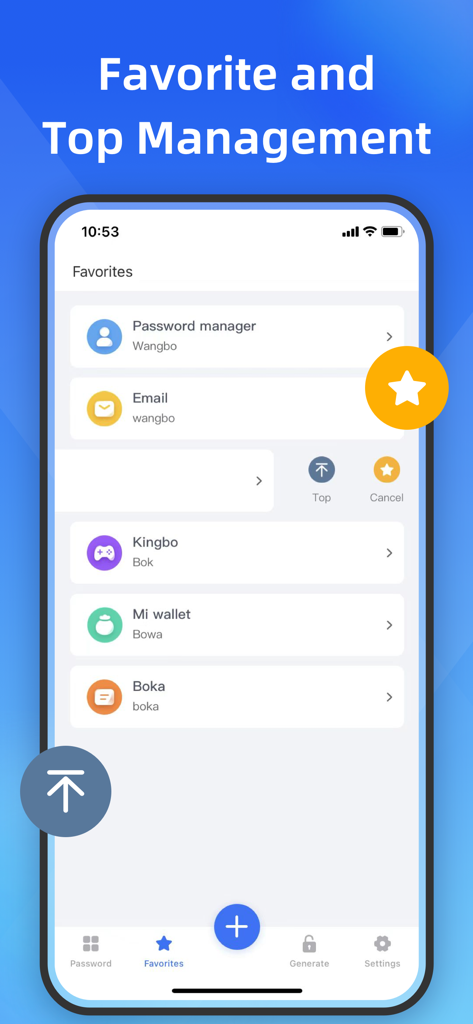 Benutzeroberfläche der SecureSafe-App, die die Favoritenliste und Top-Management-Funktionen anzeigt