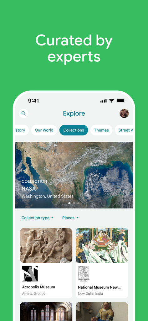 Google Arts & Culture - Interfaz de la aplicación Google Arts and Culture que muestra colecciones de museos seleccionadas por expertos, incluyendo la NASA y el Museo de la Acrópolis