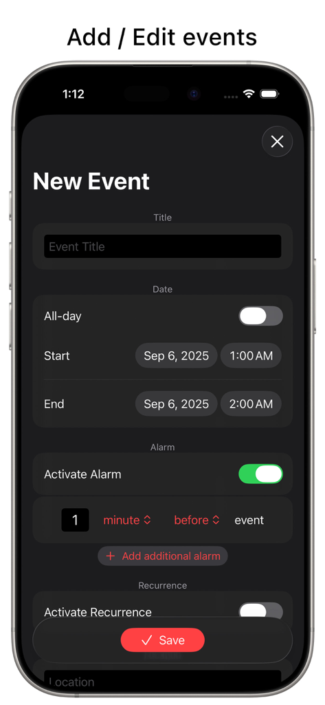 Datum - Calendar - A minimalistic mobile screen from the Datum Calendar app showing options to create a new event with date and time settings in dark mode.