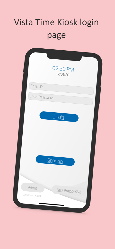 Vista Time Kiosk - The login screen of the Vista Time Kiosk mobile app