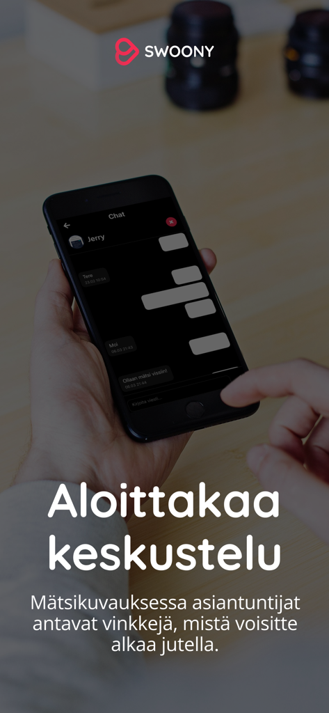 Swoony Matchmaking - A person holding a smartphone displaying the chat interface of the Swoony Matchmaking app with conversation tips from experts.