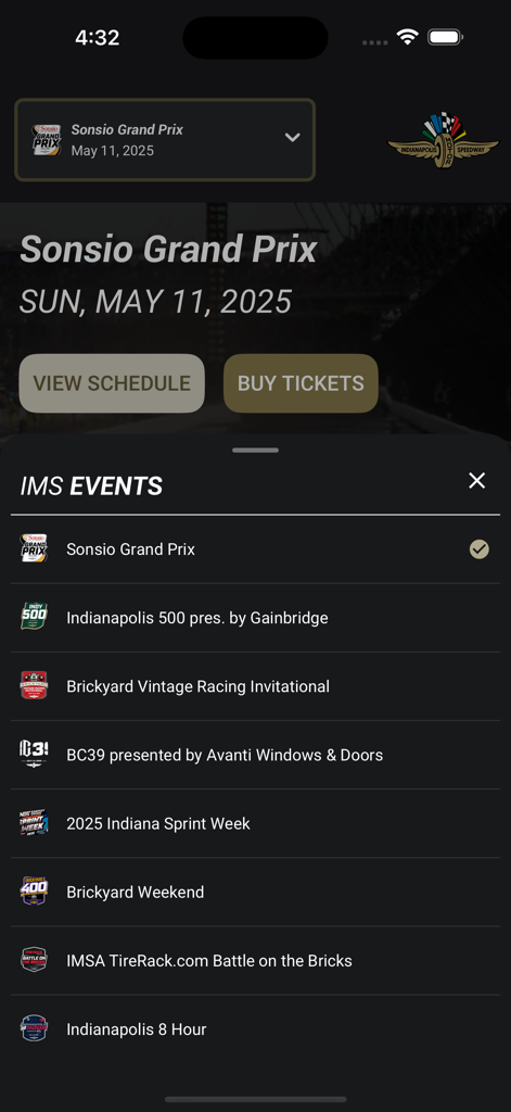 Indianapolis Motor Speedway app interface displaying a list of upcoming races and events