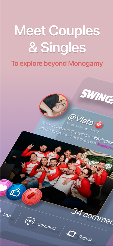 SwingHub: Open Dating & Social - SwingHub app interface showing a social feed post with a group photo and text promoting meeting couples and singles for non-monogamy.