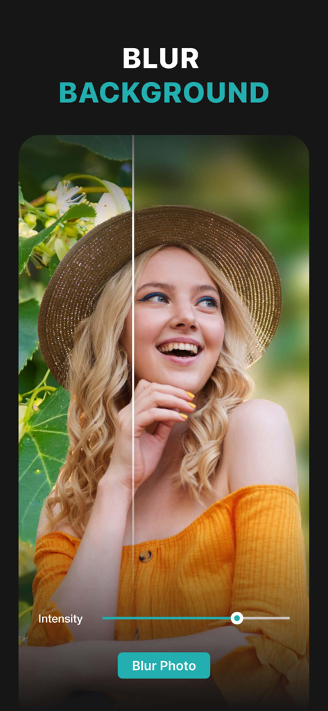 A woman portrait being edited with the PhotoLeaf blur background tool showing a before and after comparison