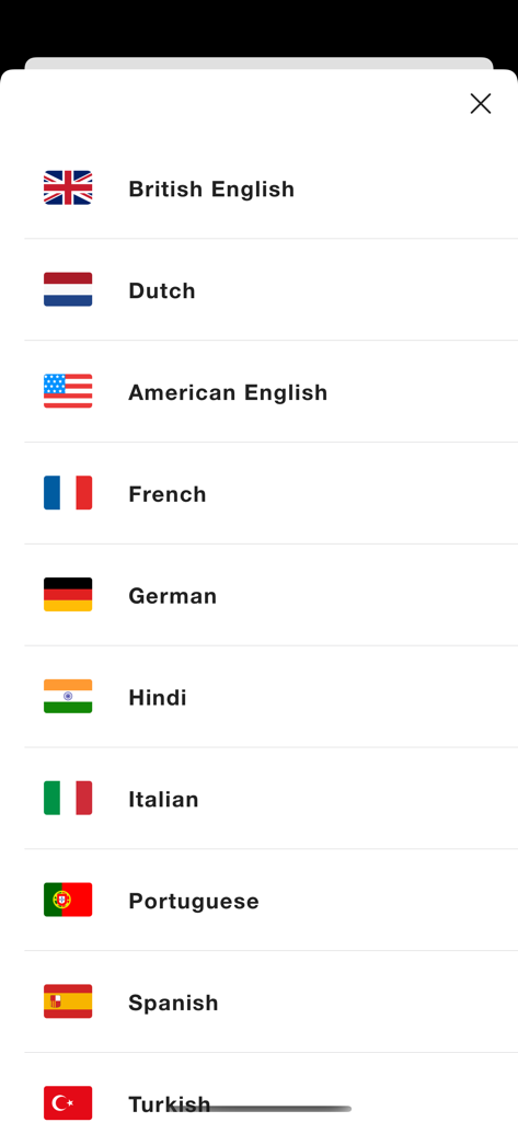 Menu de seleção de idioma no aplicativo Speed Typer mostrando opções como Inglês, Francês e Espanhol com bandeiras.