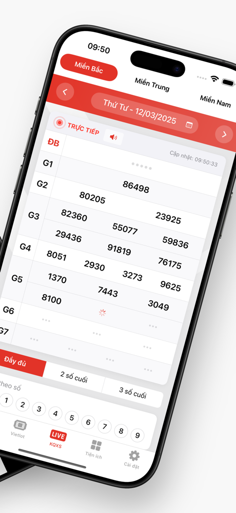 Xổ Số Live - Screenshot of Xo So Live app showing live results for the Northern Vietnam lottery