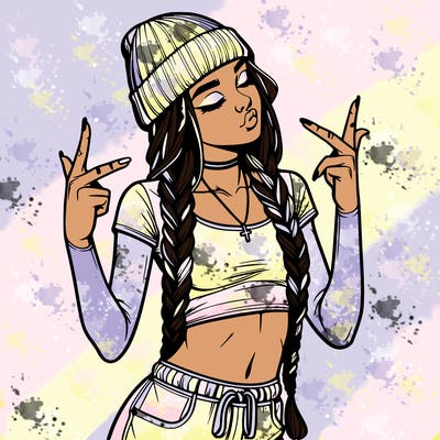 realistic teenage girl with braids and a beanie and crop top doing 🫶🏼