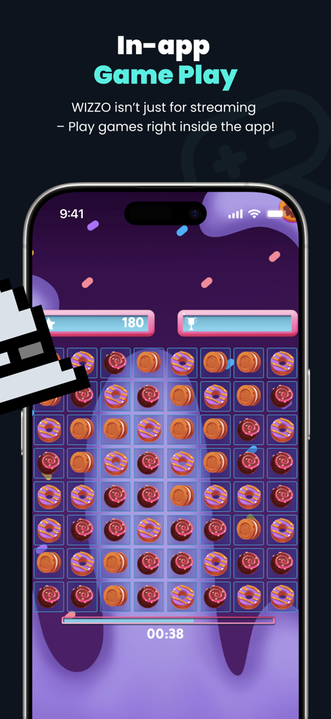 WIZZO - Uma captura de tela do aplicativo WIZZO exibindo um jogo de quebra-cabeça match-three com donuts sendo jogado em um smartphone.