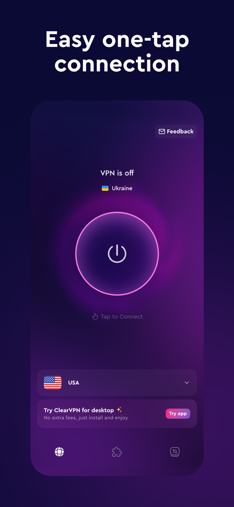 ClearVPN - Secure and Fast VPN - ClearVPNモバイルインターフェース。紫色のグラデーション背景に、簡単なワンタップ接続マジックボタンが表示されています。