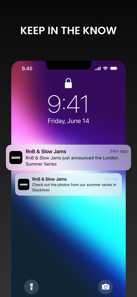 Slow Jams - Push notifications from the Slow Jams app on a smartphone lock screen showing event updates and photo gallery alerts