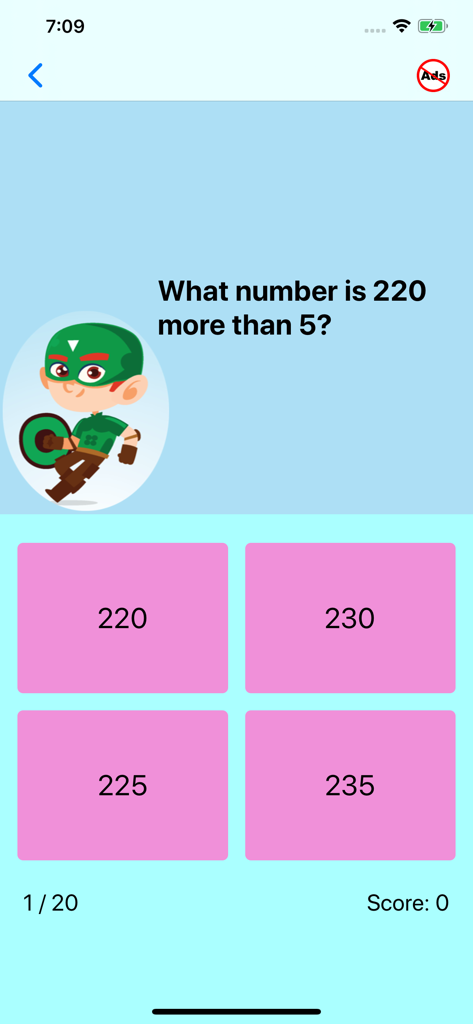 Third Grade Math Quiz app interface showing an addition question with a superhero character and four answer choices