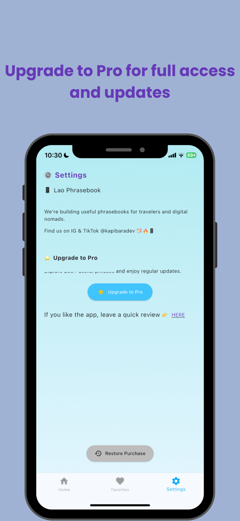 Lao Phrasebook - Settings screen of Lao Phrasebook app with an option to upgrade to pro for full access