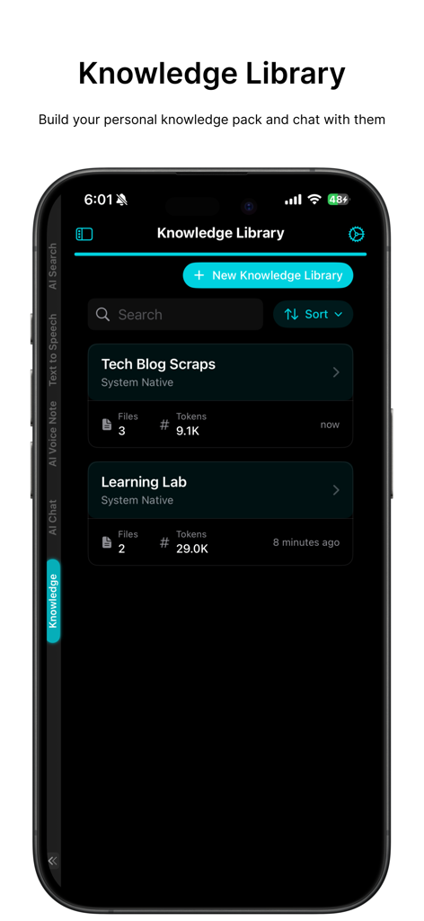 On-Device AI: TTS, STT & Chat - Oberfläche der mobilen App On-Device AI, die die Knowledge Library-Funktion mit Projektordnern für die persönliche KI-Datenverwaltung zeigt